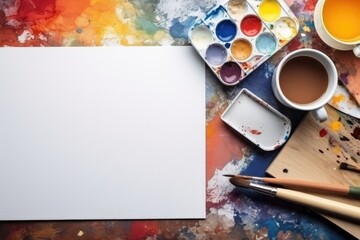Blank sheet for drawing with paints and brushes on a colorful background. Art. Generated by artificial intelligence