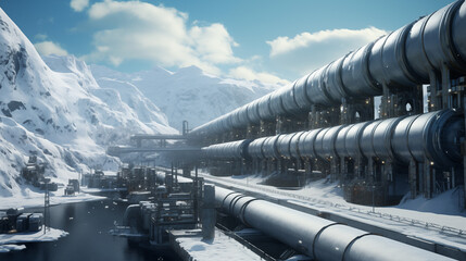 Naklejka premium Arctic pipeline infrastructure, navigation through snow-laden terrain for efficient resource transportation. Industrial petrochemical transport system, gas and oil processing pipeline. Generative AI 