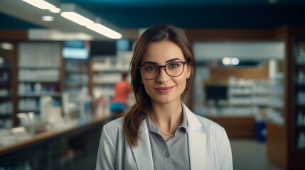 Cheerful pharmacist standing in pharmacy drugstore, Medicine, pharmaceutics, health care and people concept: happy female pharmacist giving medications to senior male customer