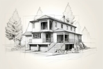 3D architectural illustration blending a house with line drawings, depicting the formation. Generative AI