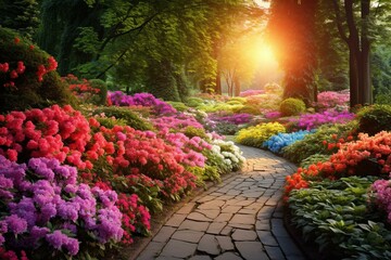 Colorful flower garden with lush nature background. Generative AI