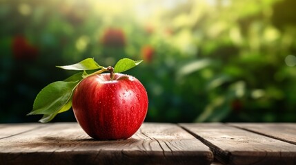 A big piece of red apple is placed on wooden table with greenry farming as background. 