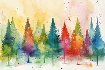 Colorful festive backdrop featuring a hand-painted watercolor Christmas tree. Generative AI