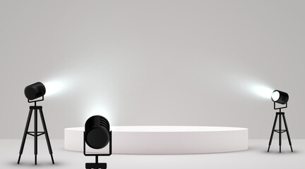 Studio spotlights. Realistic photo studio with podium and professionals equipment. - obrazy, fototapety, plakaty