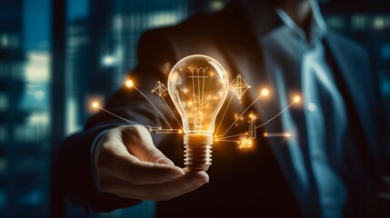 Businessman holding creative light bulb with growth graph and banking icons. Financial innovation technology develop new products and services that enhance successful and profit in global business. - obrazy, fototapety, plakaty