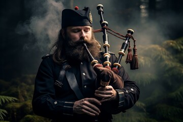 Obraz premium Bagpipe music man portrait outdoor nature. Uniform skirt player person. Generate Ai