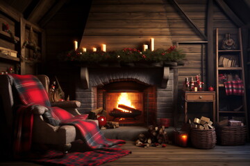 Obraz na płótnie Canvas Warm cozy Christmas fireplace in a festive interior of a log cabins with wooden walls. Armchair with red blankets