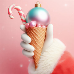 Santa Claus hand holding ice cream cone with christmas ball on pink background