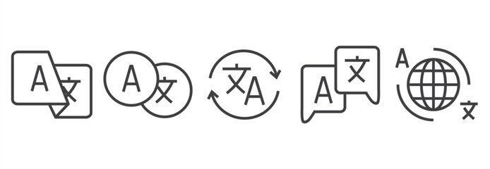 Translation icon set. Simple set of icon for translator app. Chat bubbles with language translation icons in line styles. Online multi language translator. Language translation line icon.  © sugarstock