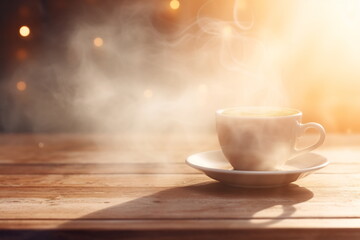 Fototapeta premium A cup of hot drink with steam against golden bokeh background