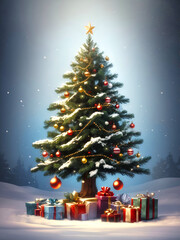 Snowcapped christmas tree with baubles adorning the branches and presents lying underneath
