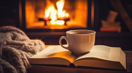 Foto op Plexiglas Hygge concept with open book and cup of tea near burning fireplace.  © Abbassi