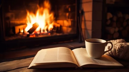 Fotobehang Hygge concept with open book and cup of tea near burning fireplace.  © Abbassi