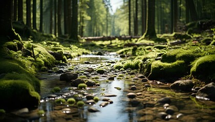water flowing in the forest full of greenery and moss. Spring time in the woods. Green forest full of nature and wild life. Green. Forest. Nature. Wildlife - obrazy, fototapety, plakaty