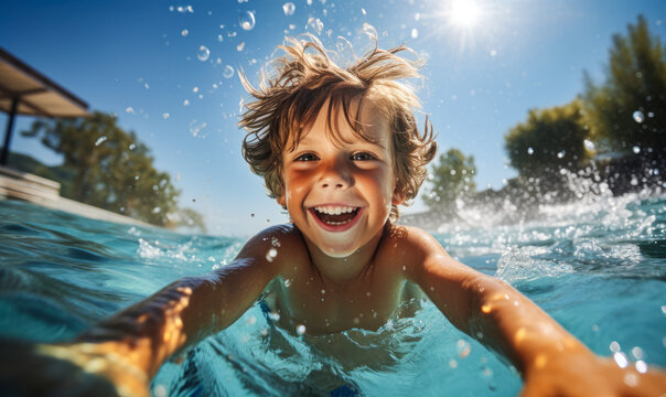 Happy child enjoying fun in the pool. Happy childhood and have a great summer.