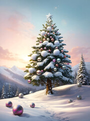 Snowcapped christmas tree with baubles adorning the branches as well as the ground