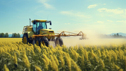 Obraz premium Farmer in tractor preparing land with seedbed cultivator before sowing