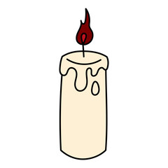 Cute doodle illustration in flat style, burning candle isolated on white background. Witch items, witchcraft.