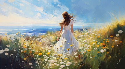 A girl standing by the sea in a meadow with flowers. Oil painting in the style of Impressionism. - obrazy, fototapety, plakaty