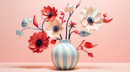 Futuristic image of a blue and white vase with red and white flowers on a pastel background. Image generated with AI