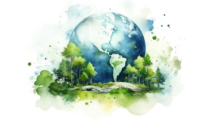 Watercolor of the planet Earth in blue and green colors, surrounded by nature. Image generated with AI