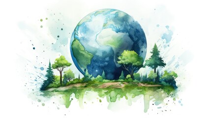 Watercolor of planet earth in blue and green colors, surrounded by vegetation. Image generated with AI