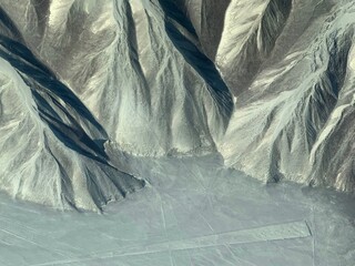 Peru Nazca lines geoglyph aerial view. 