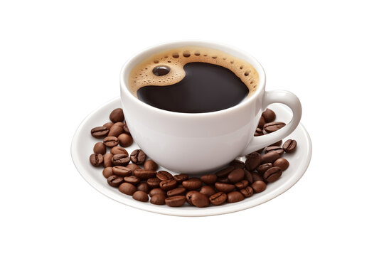 Cup of coffee with spilled beans isolated on transparent background PNG