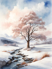 Peaceful winter landscape in pastel watercolors: Snowcapped tree next to a stream