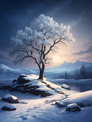 Peaceful winter landscape at night painted with watercolor: Snowcapped tree overlooking a quiet lake