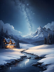 Peaceful winter landscape at night painted with watercolor: Remote house in the mountains