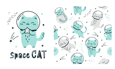 Vector set for printing on children's products. Seamless pattern and print for printing. Cats in spacesuits flying in space. Space cat inscription. Vector illustration