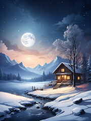 Peaceful winter landscape at night painted with watercolor: Remote house at a mountain lake