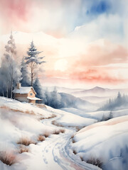 Peaceful winter landscape in pastel watercolors: Path leading to a remote house