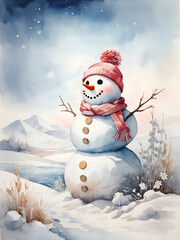 Peaceful winter landscape in pastel watercolors: Cute snowman in the mountains