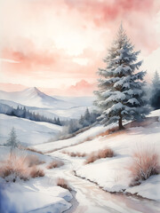 Peaceful winter landscape in pastel watercolors: Snowcapped fir tree