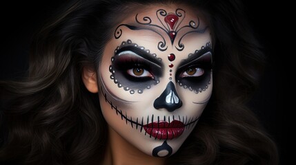 A woman with dia de muertos makeup painted to look like Catrina skeleton