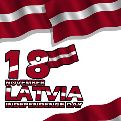 Waving flags of Latvia with number and bold text on white background to commemorate Latvia Independence Day on November 18