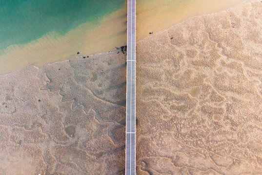Pier leading to sea with sandy beach