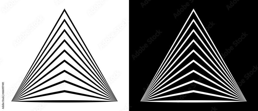 Leinwandbilder Art lines design element. Striped triangle as logo or icon. Black shape on a white background and the same white shape on the black side.