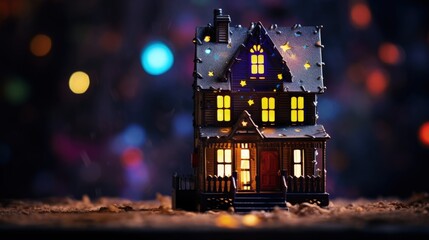 A small miniature house on a wooden table with leaves and colorful lights blurred in the bokeh style in the background.