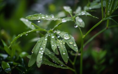 Green leaves with dew on them close-up