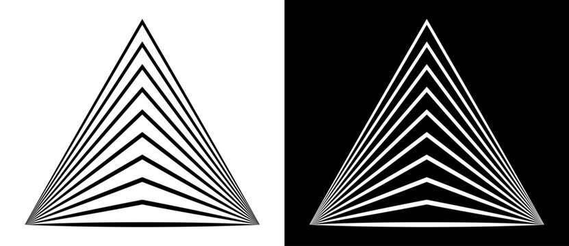 Art Lines Design Element. Striped Triangle As Logo Or Icon. Black Shape On A White Background And The Same White Shape On The Black Side.