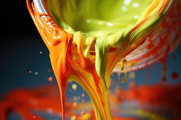 Paint of different colors pours out of one can. Tinting. Generated by artificial intelligence - obrazy, fototapety, plakaty