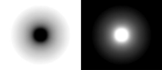 Circle with lines like sun concept. Can be used as an icon, logo, tattoo. Black shape on a white background and the same white shape on the black side. © Mykola Mazuryk