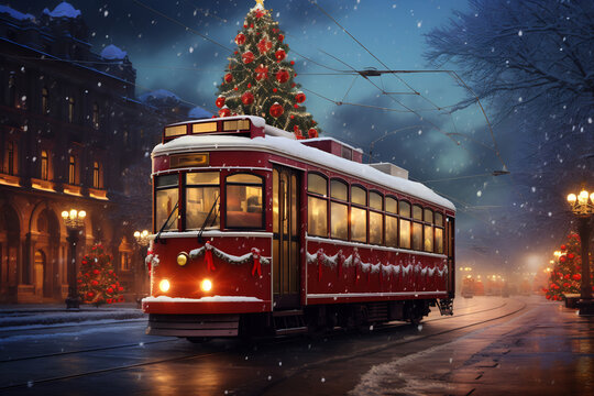 Winter city landscape with retro tram. Christmas and New Year greeting card
