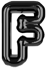 Glossy inflated black color letter F uppercase illustration. 3D render of latex bubble font with glint. Graphic type, typography, ABC clipart, alphabet