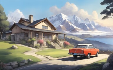 Fototapeta premium Beautiful landscape panorama of Norway, Car parked in front of the house, snow on the mountains. ai
