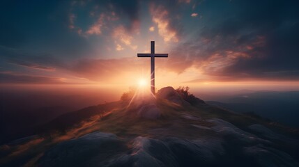 The shining sun at dawn by the sea sanctifies the cross towering on the hill. - obrazy, fototapety, plakaty