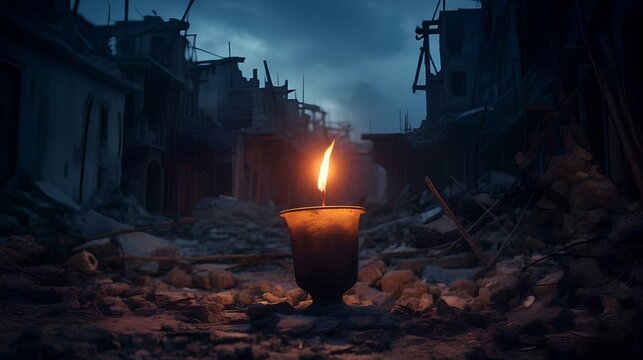 A small candle on the ruins of a ruined city. The concept of a war that takes the lives of ordinary peaceful people, bringing destruction and grief, a candle as a symbol of someone's innocent life tha